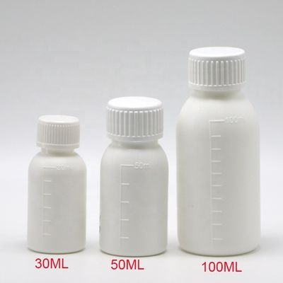 30 mL/50 mL/100 mL PP Bottiglia di medicinali liquidi bianchi con corpo a scala e serigrafia
