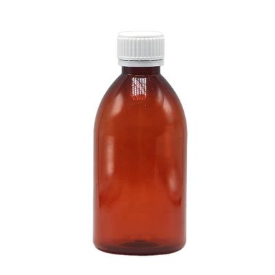 250 ml Contenitore rotondo da ricetta di ambra Farmacia PET Liquid Medicine Scaled Con Cappuccio