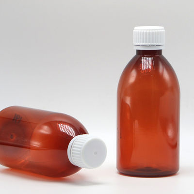 250 ml Contenitore rotondo da ricetta di ambra Farmacia PET Liquid Medicine Scaled Con Cappuccio