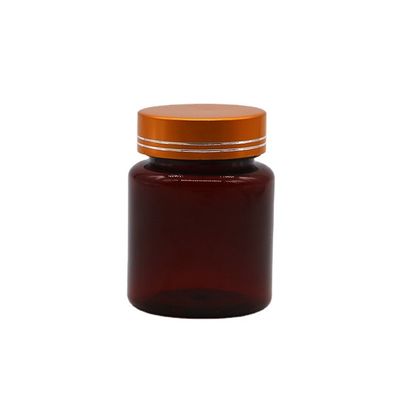 Bottiglia di plastica a forma rotonda di 100cc ambra/marrone in PET con tappi in alluminio per capsule/pillole