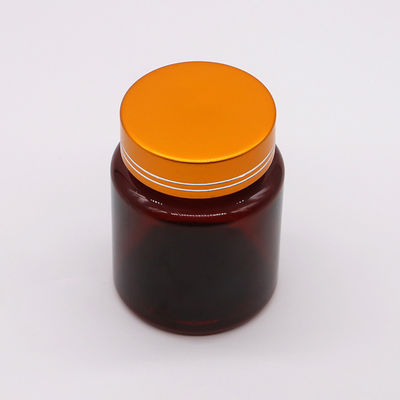Bottiglia di plastica a forma rotonda di 100cc ambra/marrone in PET con tappi in alluminio per capsule/pillole