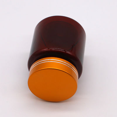 Bottiglia di plastica a forma rotonda di 100cc ambra/marrone in PET con tappi in alluminio per capsule/pillole