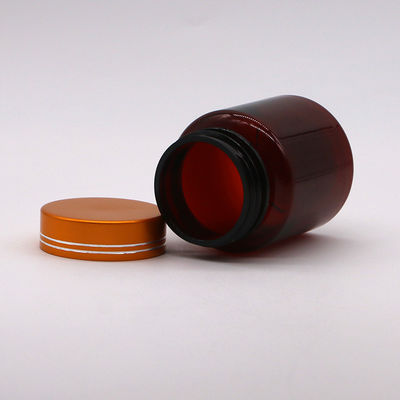 Bottiglia di plastica a forma rotonda di 100cc ambra/marrone in PET con tappi in alluminio per capsule/pillole