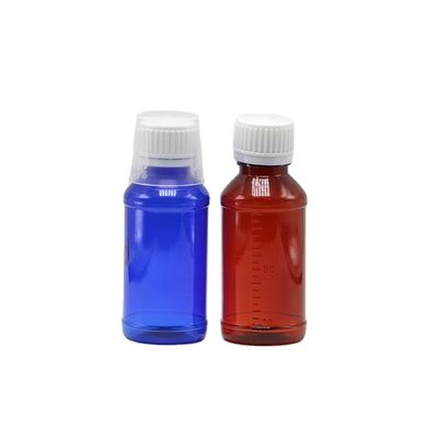 Bottiglia di sciroppo per tosse PET da 100cc ambra/arancione/azzurro con tappo di sicurezza e sigillo termico