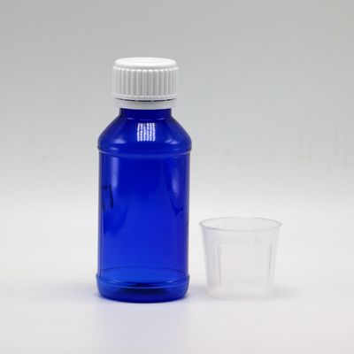 Bottiglia di sciroppo per tosse PET da 100cc ambra/arancione/azzurro con tappo di sicurezza e sigillo termico