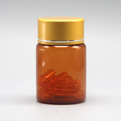 Riempitibile 60 ml Ambrato PET Pillola Capsula Bottiglia di olio di pesce con tappo a vite in argento di alluminio